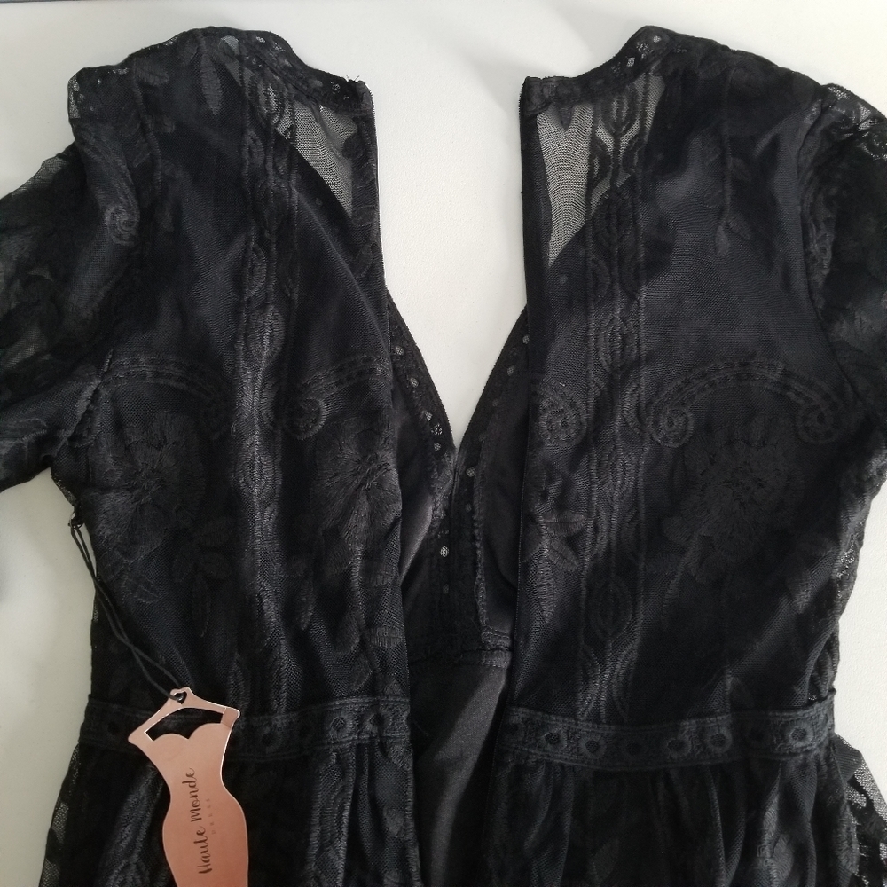 Haute Monde Black Floral Lace Boho Mini Dress Plunge Neckline Women's Large NWT. - Picture 10 of 13